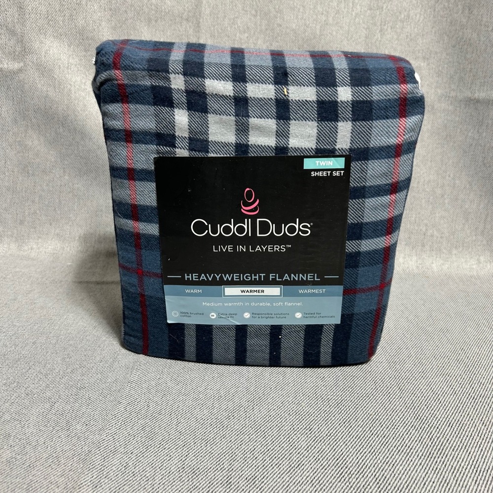 Cuddl Duds Sheet Set Twin Blue Heavyweight Flannel Plaid 100% Cotton
